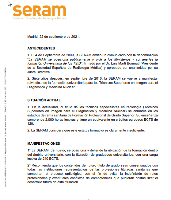 La SERAM, amb el Grau pels Tècnics. La Societat mèdica declara insuficient la formació actual del Cicle formatiu en imatge mèdica i radioteràpia